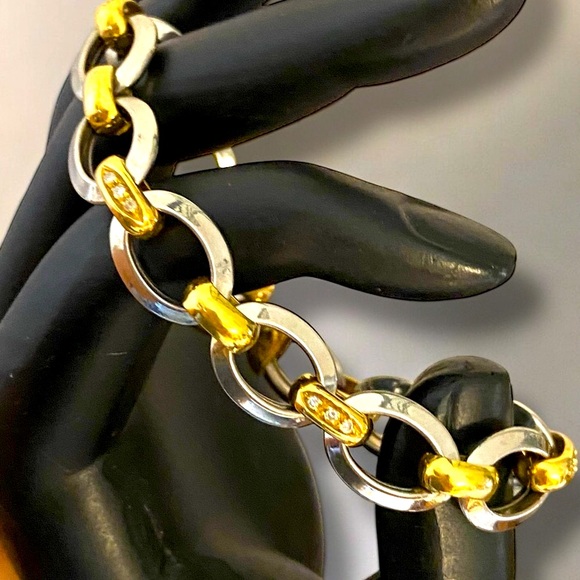 Beautiful Italian 18K 750 Two Tone Gold DIAMOND BOLD Spring Ring Bracelet!! - Picture 1 of 16